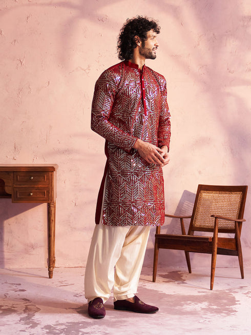 Men's Maroon Georgette Embellished Kurta Patiala Set